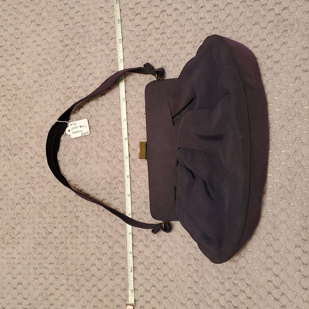 1940s Pleated Navy Blue Fabric Grosgrain Brass Frame Handbag Purse Vintage Pinup